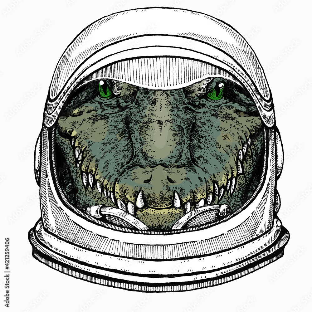 Crocodile head. Alligator portrait. African wild animal. Astronaut ...