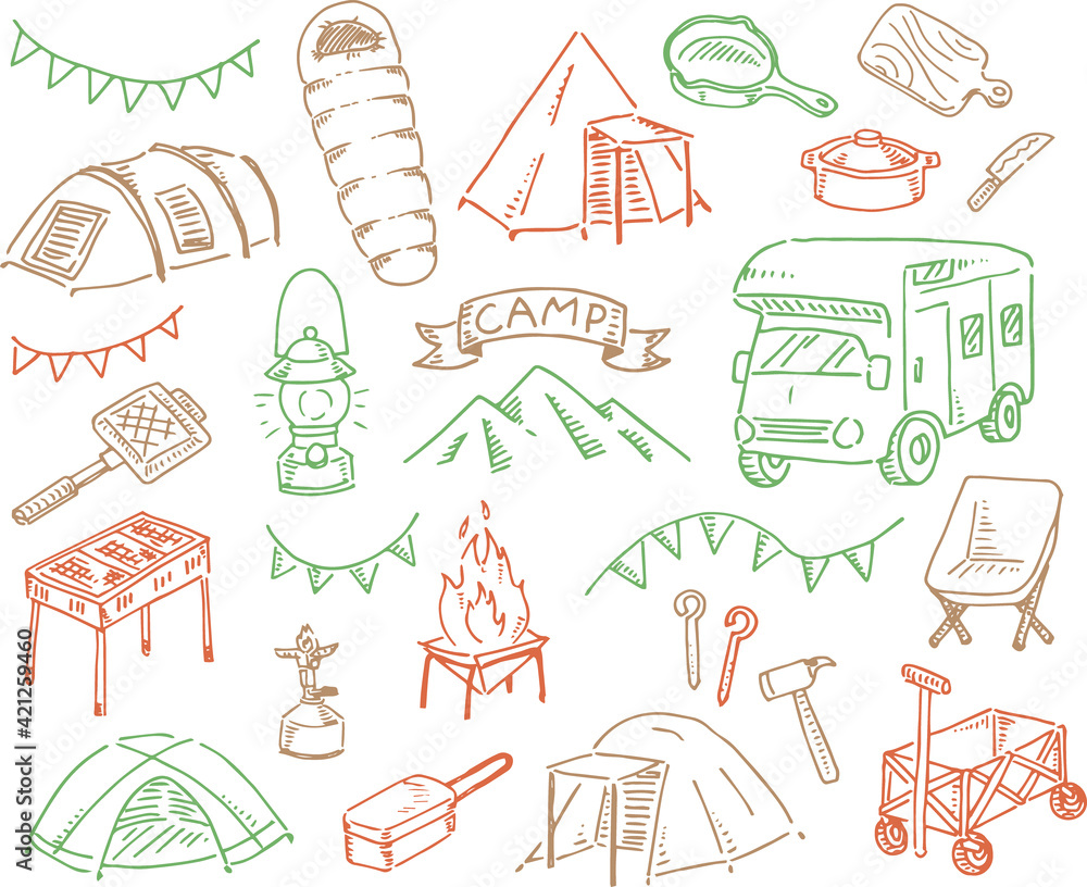 手描きのキャンプグッズのイラストまとめ 3色 アウトドア Stock Vector Adobe Stock 手描きのキャンプグッズのイラストまとめ 3色 アウトドア Stock Vector Adobe Stock