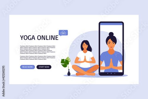 Online yoga concept landing page. Girl practices yoga and meditation watching video online on phone at home. Vector illustration. Flat.