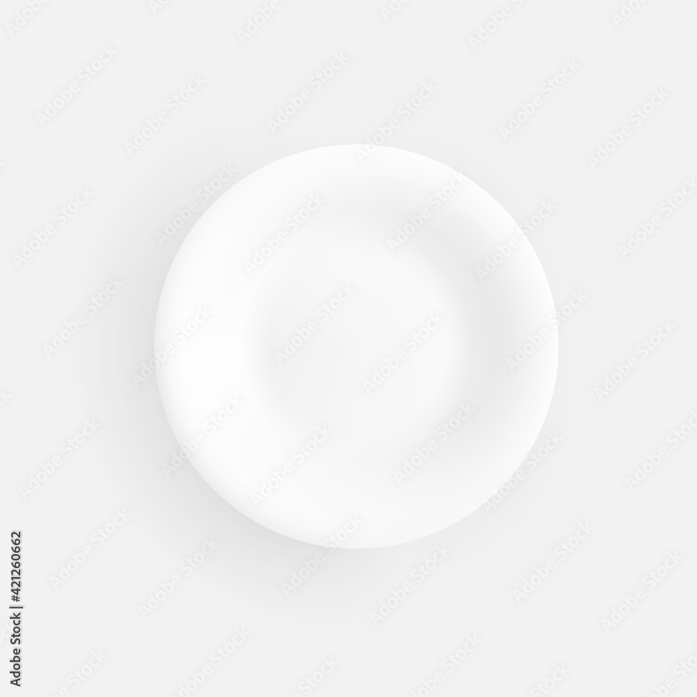 Flat matte white dinner plate closeup on a white background. Isolated object with shadow. Top view Flat matte white dinner plate closeup on a white background. Isolated object with shadow. Top view
