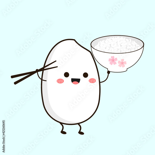 Rice cartoon with rice bowl and chopsticks isolated on blue background vector illustration.