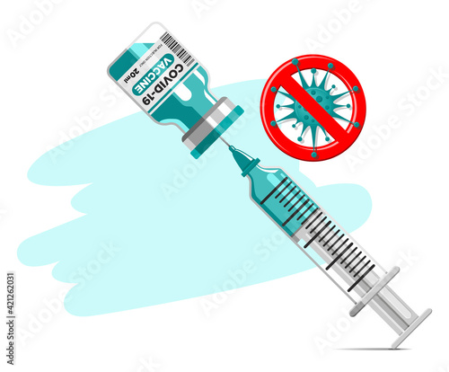 Coronavirus vaccinate concept. Covid-19 corona virus vaccination with vaccine bottle and syringe injection tool for covid19 immunization treatment. Vector on transparent background