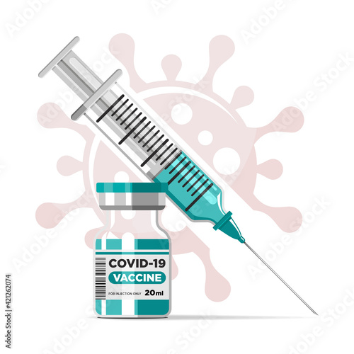 Covid-19 Coronavirus vaccination concept. Vaccine vial and syringe. Vector on transparent background