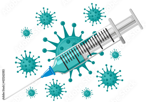 Virus protection concept. Realistic drawing of a syringe with a vaccine and coronavirus bacteria. Flat design, vector