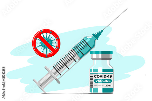 Covid-19 Coronavirus vaccination concept. Vaccine vial and syringe with needle. Vector template