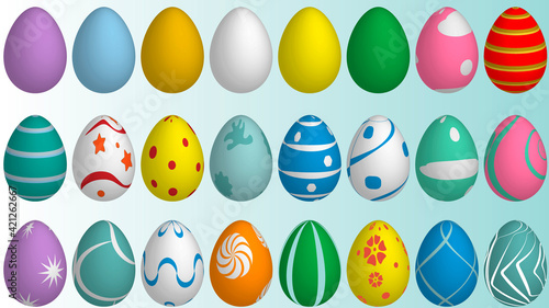 Paquete de diseños de huevos de pascua en 3d, paquete de motivos en diferentes colores, ilustración vectorial