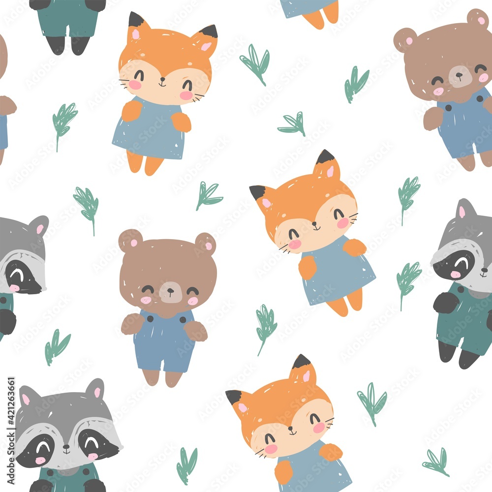 Hand Drawn fox, raccoon, bear Vector pattern seamless trendy print, woodland design for fabric textile