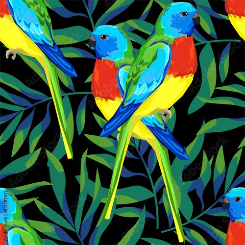 Pattern with beautiful parrots and tropical leaves. exotic Birds background Vector Illustration.