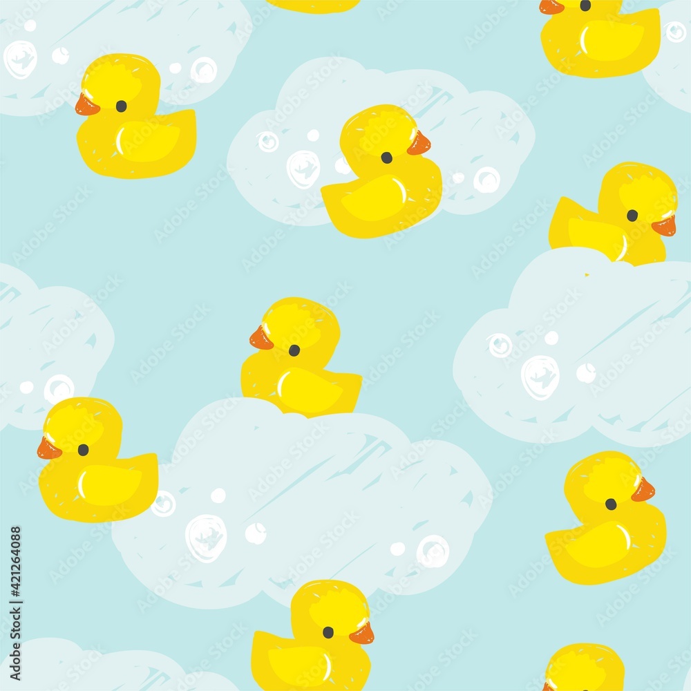 Fototapeta premium Hand drawn cute rubber yellow duck toy pattern seamless vector illustration