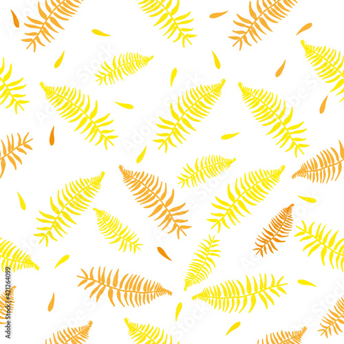 Seamless pattern of fern leaves. Botanical illustration of various shapes and shades of yellow. Isolated on white, for textile and wrapping paper. Stock illustration.