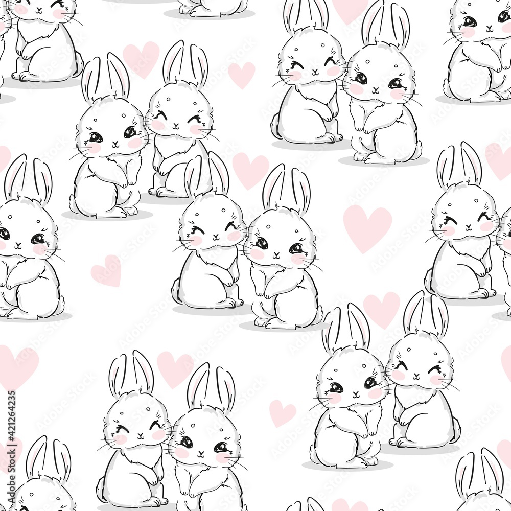 Seamless Pattern Rabbit. Hand Drawn Bunny, print design rabbit background. Vector Textile for Kids Fashion.