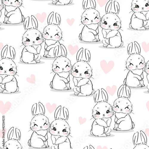 Fototapeta Naklejka Na Ścianę i Meble -  Seamless Pattern Rabbit. Hand Drawn Bunny, print design rabbit background. Vector Textile for Kids Fashion.