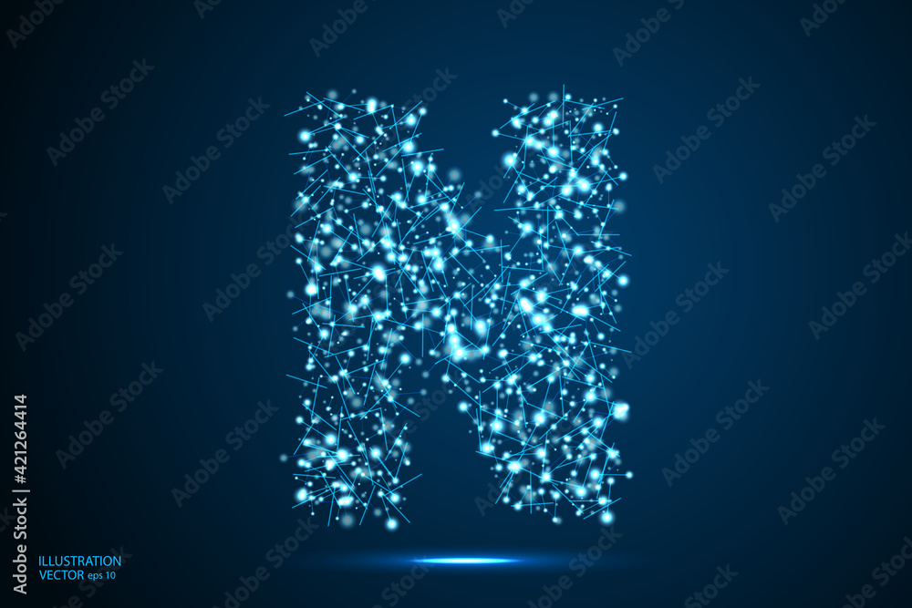 English letters abstract font consists 3d of triangles, lines, dots and connections. On a dark blue background cosmic universe stars, meteorites, galaxies. Vector illustration EPS 10. English letters abstract font consists 3d of triangles, lines, dots and connections. On a dark blue background cosmic universe stars, meteorites, galaxies. Vector illustration EPS 10.