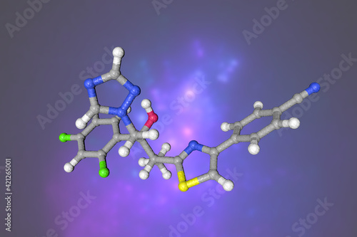 Molecular model of ravuconazole. Atoms are represented as spheres with color coding: carbon (grey), nitrogen (blue), oxygen (red), hydrogen (white), fluorine (green), sulfur (yellow). 3d illustration photo