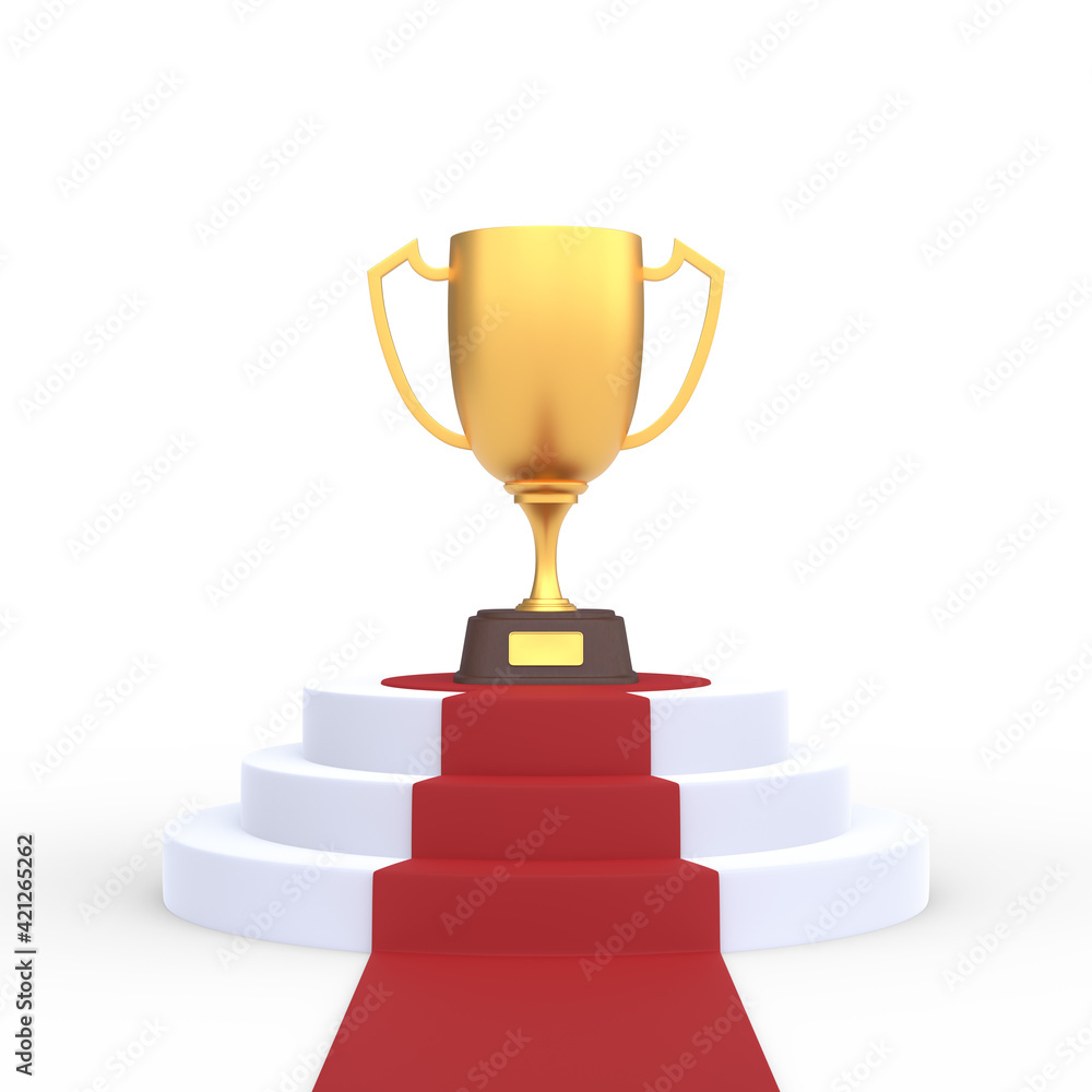 Round podium with trophy cup and red carpet isolated on white background. Sport tournament award, gold winner cup and victory concept. 3d rendering illustration Round podium with trophy cup and red carpet isolated on white background. Sport tournament award, gold winner cup and victory concept. 3d rendering illustration