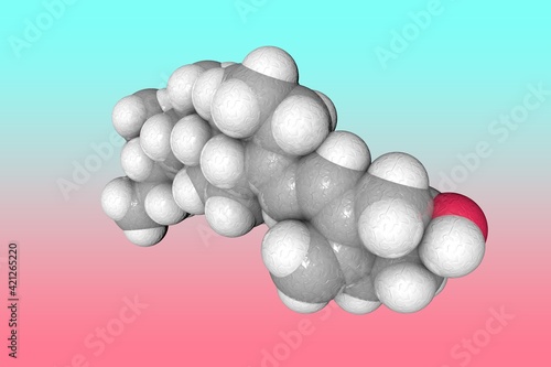 Space-filling molecular model of vitamin D6. Atoms are represented as spheres with color coding: carbon (grey), oxygen (red), hydrogen (white). Scientific background. 3d illustration