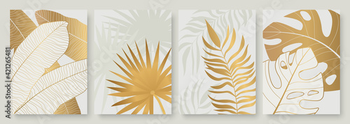 Tropical golden leaves vector illustration set. Exotic luxury abstract gold palm tree leaf, minimal foliage of tropic summer island, vertical floral modern template background for social media stories