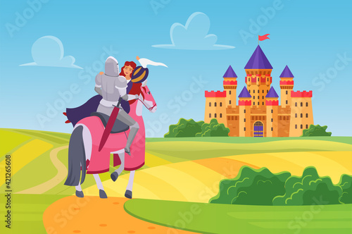 Prince knight saved princess, fairytale story vector illustration. Cartoon fairy tale scenery with hero warrior character in armor riding happy beautiful girl on horseback on way to castle background