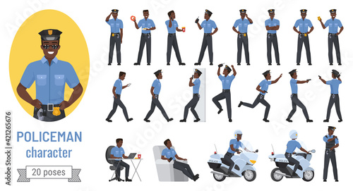 Policeman poses vector illustration set. Cartoon bearded professional black african american police officer character various action with emotions  cop in uniform posing running  standing or walking