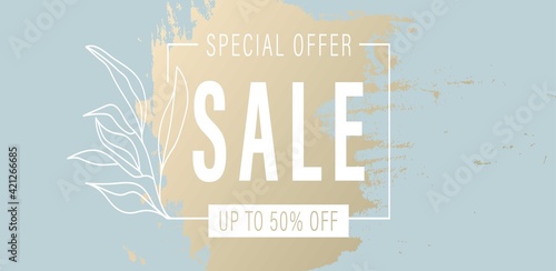 Spring blue with gold patina sale,new collection,super big finale special offer, horizontal banner bright background.Abstract discount design template sale layout poster.Mega sale vector illustration