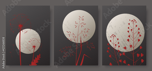 Night landscape with full moon and red meadow grass vector illustration set. Minimal summer luxury abstract foliage in vertical floral modern wall picture template background for social media stories
