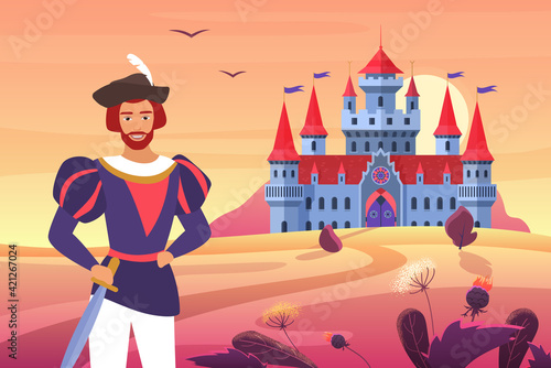 Prince in medieval clothes standing next to fantasy castle in fairytale landscape vector illustration. Cartoon happy young prince man character wearing colorful rich robes of lord and sword background