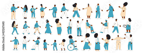 African american people set isolated on a white background. Young and elderly female and male character wearing in casual and formal clothes. Vector line illustration.