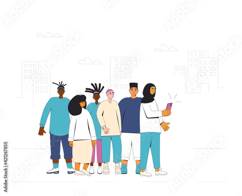 Group of diverse teenagers standing together and taking selfie photo on smartphone. Young friends wearing in casual clothes. Six girls and boys hugging each other. Vector line illustration.