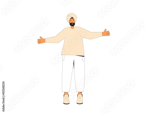 Man wearing in casual clothes and turban standing with arms straight out isolated on a white background. Vector  line illustration.