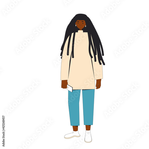 African american woman. Female character wearing in casual clothes standing isolated on a white background. Vector line illustration.