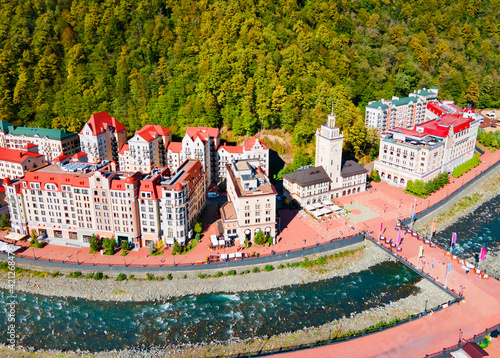 Rosa Khutor aerial panoramic view. Rosa Khutor is an alpine ski resort located near Krasnaya Polyana town in Sochi region, Russia photo