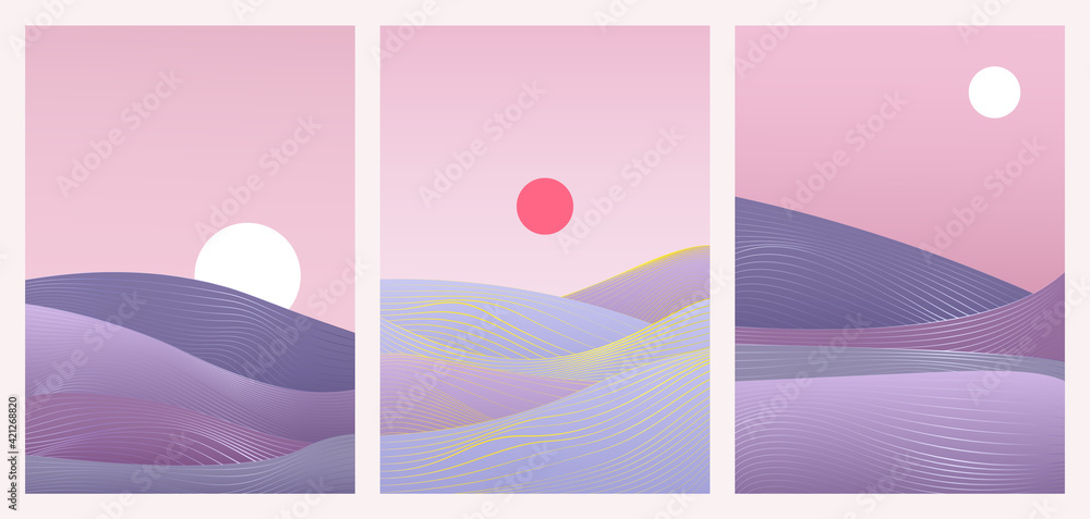 Abstract trendy minimal gradient nature landscape vector illustration set. Minimalist wavy desert sand dunes, hills, sea waves with hand drawning lines, template background for social media stories