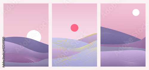 Abstract trendy minimal gradient nature landscape vector illustration set. Minimalist wavy desert sand dunes, hills, sea waves with hand drawning lines, template background for social media stories