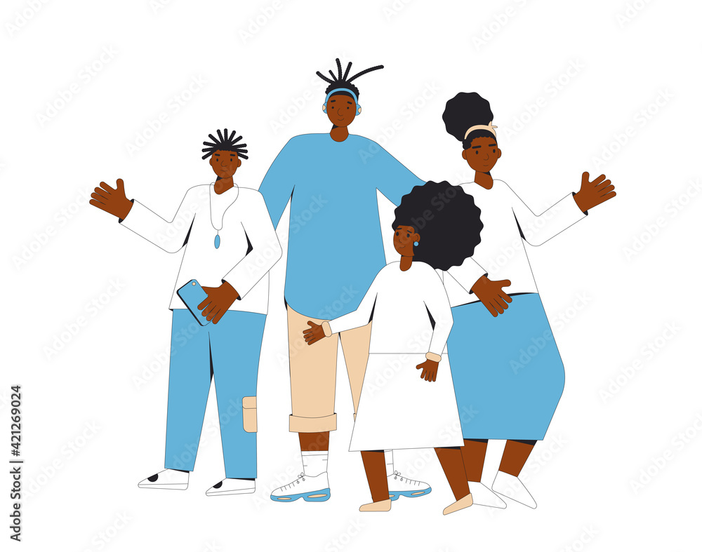 Group of african american teenagers standing together. Young female and male friends wearing in casual clothes. Boys and girls. Vector line illustration.