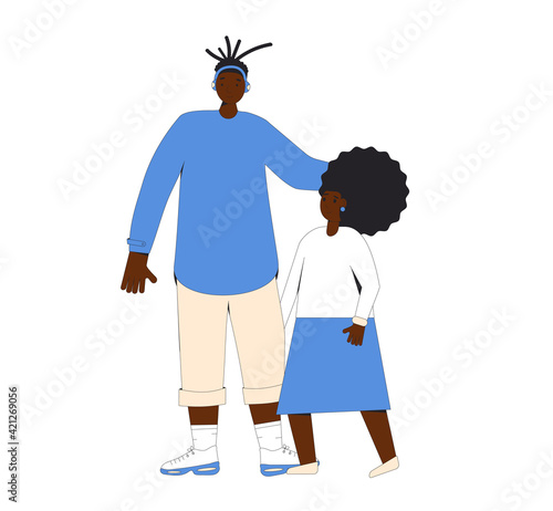 Two african american teenagers standing together. Young siblings wearing in casual clothes isolated on white background. Brother and sister standing  and hugging each other. Vector illustration