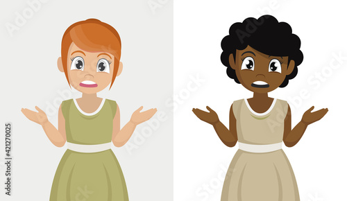 Set Little girl throws up his hands as a gesture "I don't know"