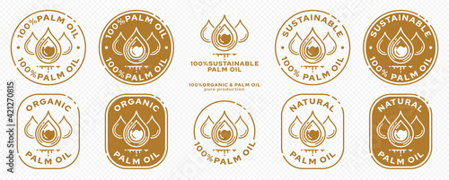 Concept for product packaging. The label is natural organic palm oil. Sustainable palm oil derivatives. Oil palm drops with liquid ingredient line.. Vector set.