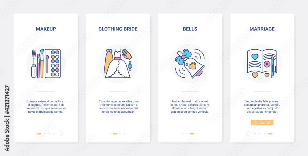 Wedding day preparation for bride vector illustration. UI, UX onboarding mobile app page screen set with line holiday bride dress, accessories and makeup beauty idea, wedding bridal marriage bell