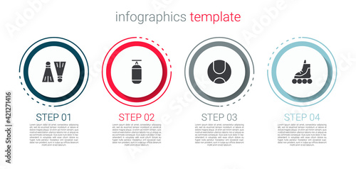 Set Rubber flippers for swimming, Punching bag, Tennis ball and Roller skate. Business infographic template. Vector