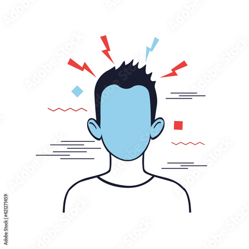 Stress and abstract sorrow. Character surrounded by lightning negativity in depressive mood and woeful gloomy vector reflections.