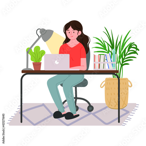 Women who work from home. Laptops, flower pots, and books are placed on the desk.