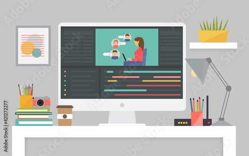 Video editing software. Workplace for freelancer and editor, movie making, vector illustration