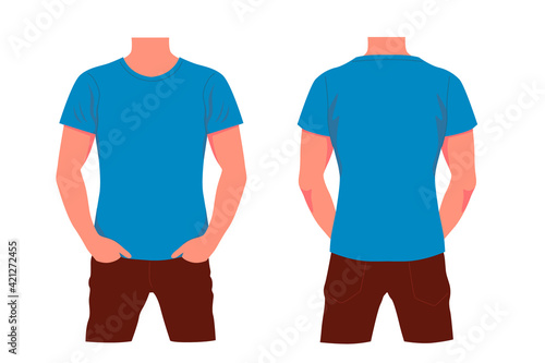Man in blue tshirt and red jeans. Model character with front and back view stylishly dressed in trendy modern style with hands in vector pockets.
