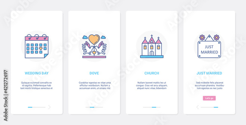 Wedding day, bridal marriage celebration vector illustration. UI, UX onboarding mobile app page screen set with line dove, love symbol for just married couple to celebrate church ceremony date