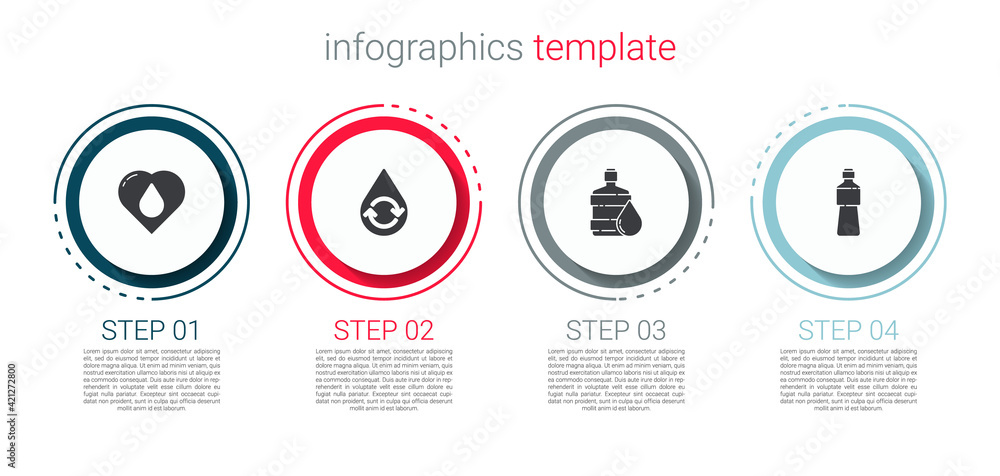 Set Heart with water drop, Recycle clean aqua, Big bottle and Bottle of. Business infographic template. Vector Set Heart with water drop, Recycle clean aqua, Big bottle and Bottle of. Business infographic template. Vector