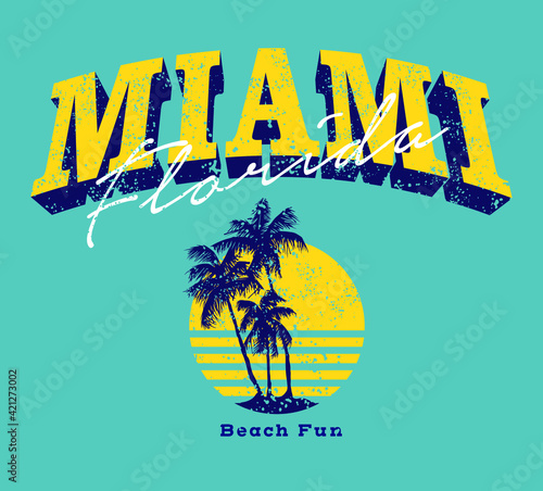 Miami Florida beach fun quoted varsity style slogan print design with palms and sun illustration