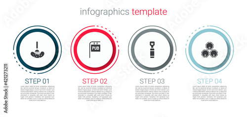 Set Pickled cucumber on a fork, Street signboard with Pub, Bottle opener and Wooden barrels. Business infographic template. Vector