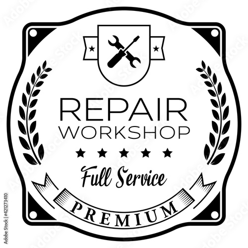 Repair Workshop. Full Premium Service. Vector Black Badge.