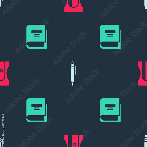 Set Pencil sharpener, and Book on seamless pattern. Vector