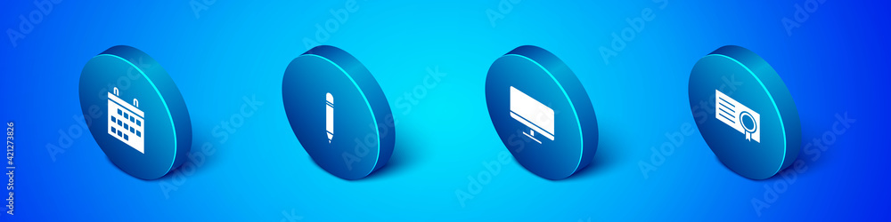 Set Isometric Calendar, Computer monitor screen, Certificate template and Pencil with eraser icon. Vector Set Isometric Calendar, Computer monitor screen, Certificate template and Pencil with eraser icon. Vector